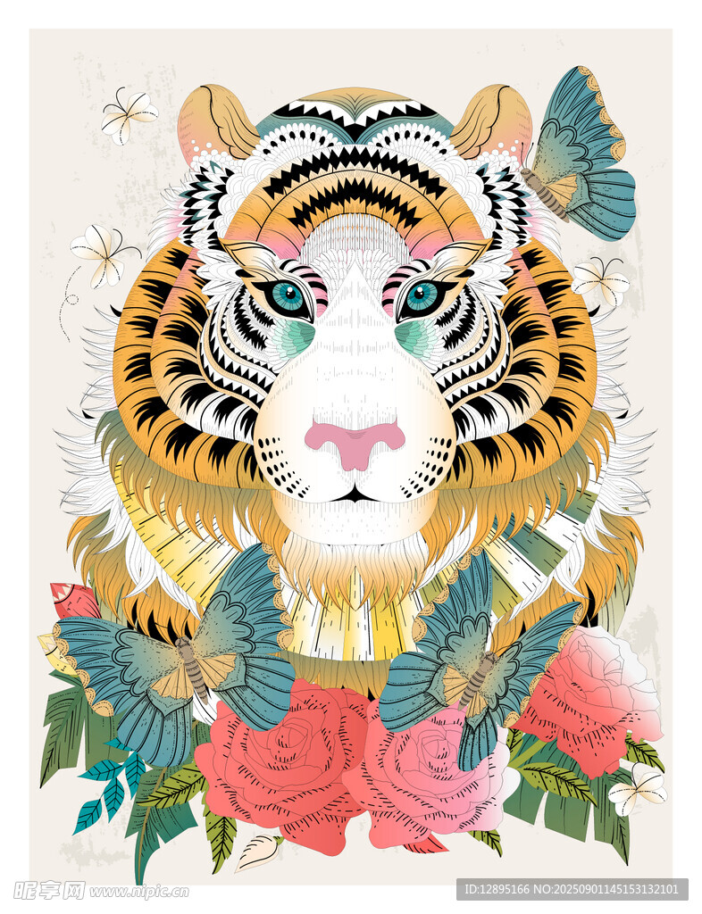 老虎花卉蝴蝶艺术插画