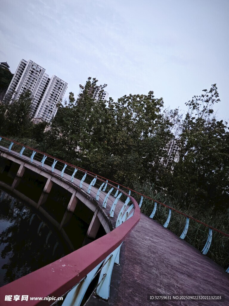 城市公园中的蜿蜒拱桥