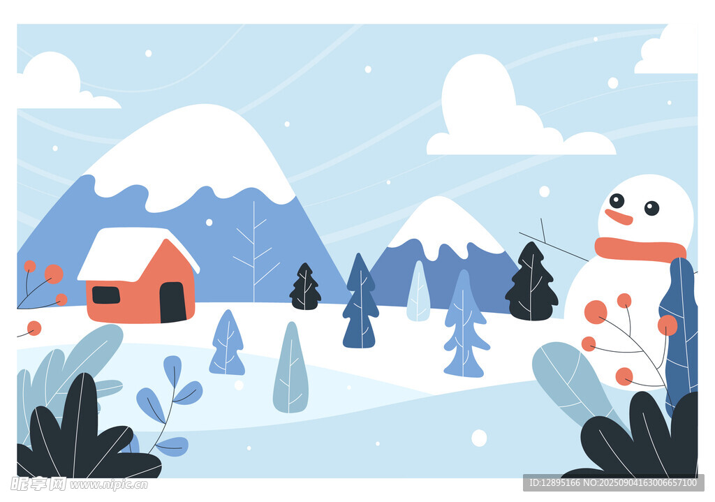 冬日雪景中的小屋与雪人