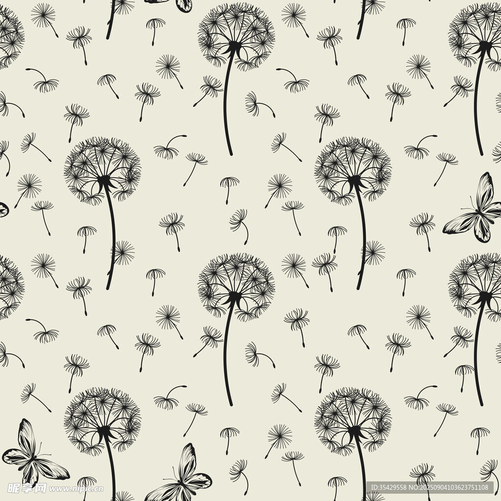蒲公英蝴蝶图案无缝背景图