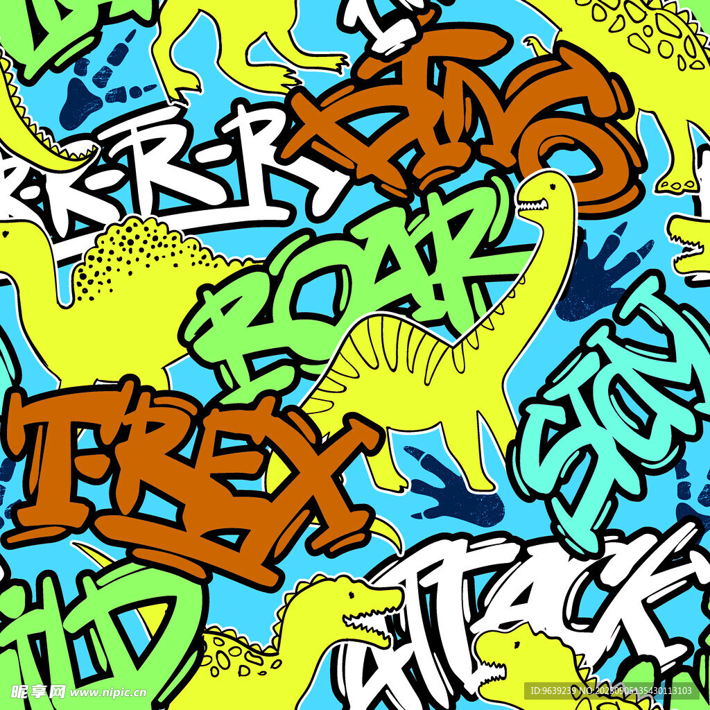 多彩涂鸦风恐龙图案设计