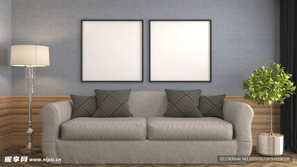 简约客厅沙发与装饰挂画