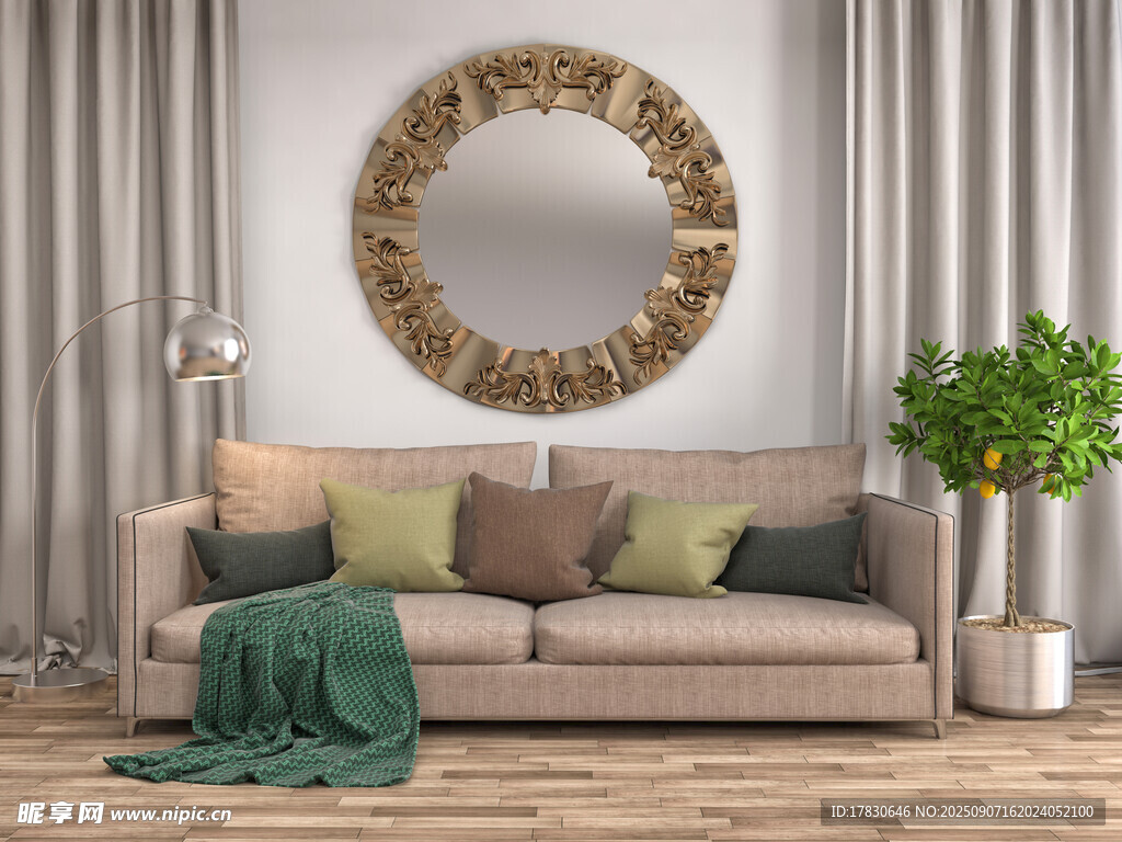 简约客厅沙发绿植装饰镜