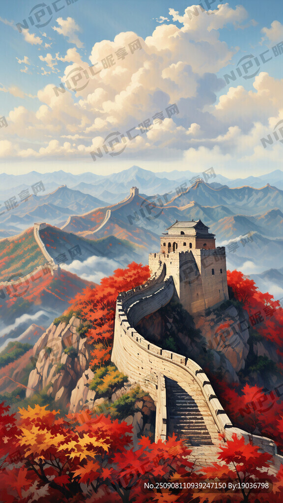 长城 天空薄薄的白云 古典油画