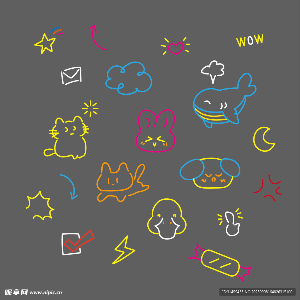 手绘卡通图案霓虹单线集合制作