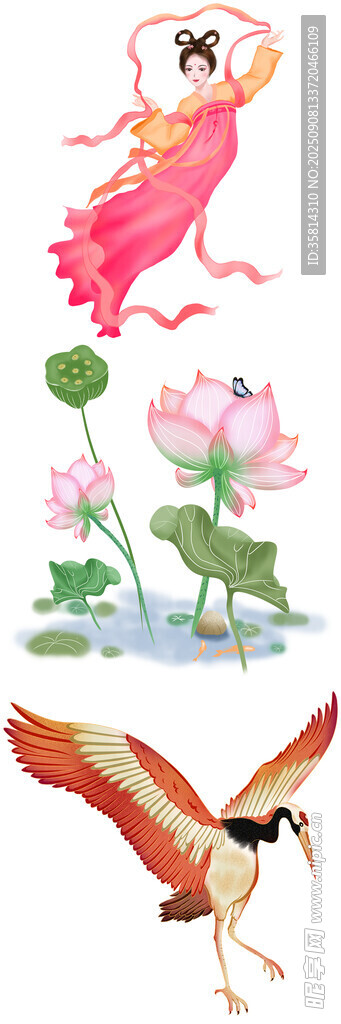 飞天神女伴飞鸟荷花图