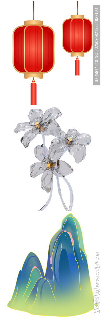 中式山水配红灯笼挂件