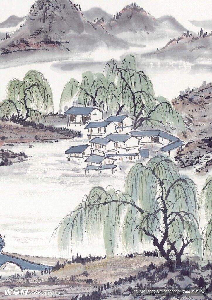 水墨山水间的垂柳景致