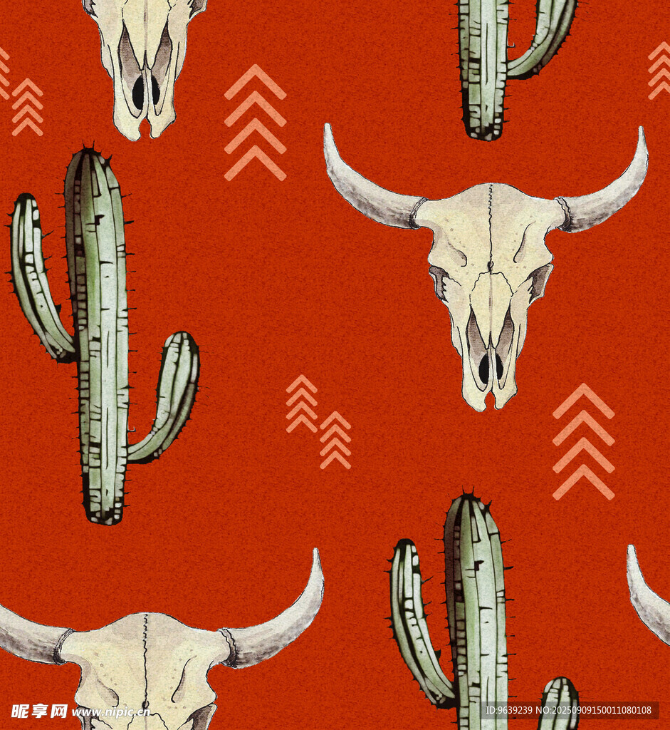 红色背景的牛颅骨仙人掌图案