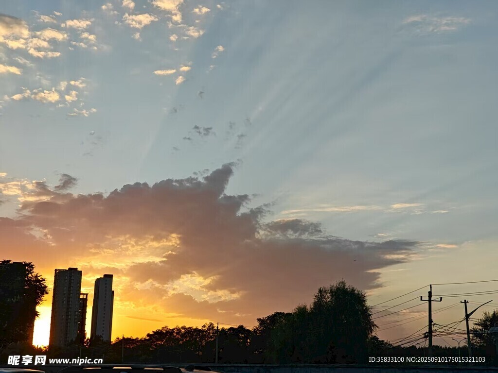 夕阳余晖下的城市天际线景观
