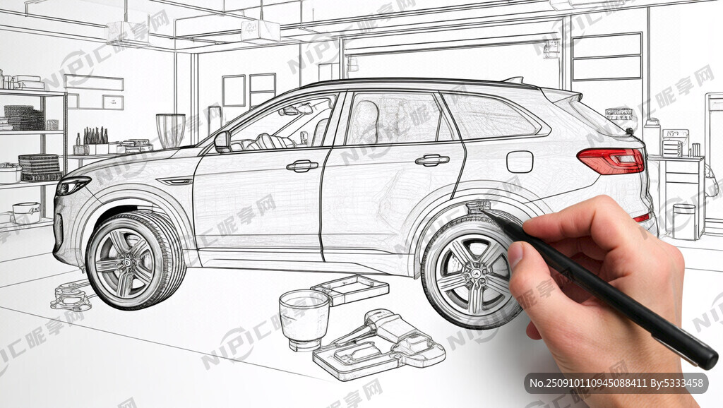 新能源汽车维修 黑白 线稿