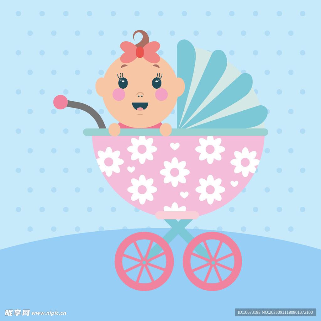 可爱宝宝坐粉色花童车