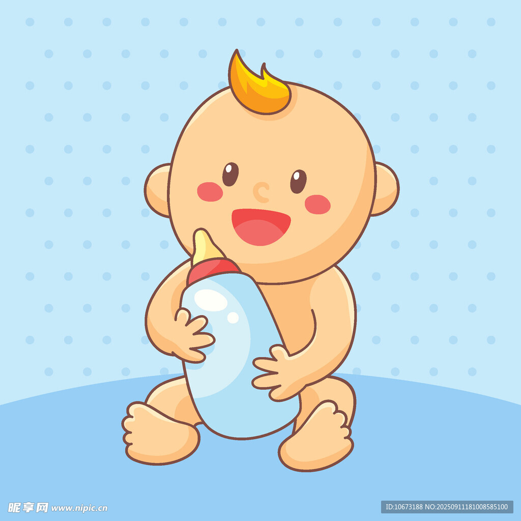 可爱宝宝手持奶瓶开心笑