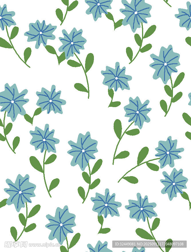 蓝色小花绿叶无缝图案