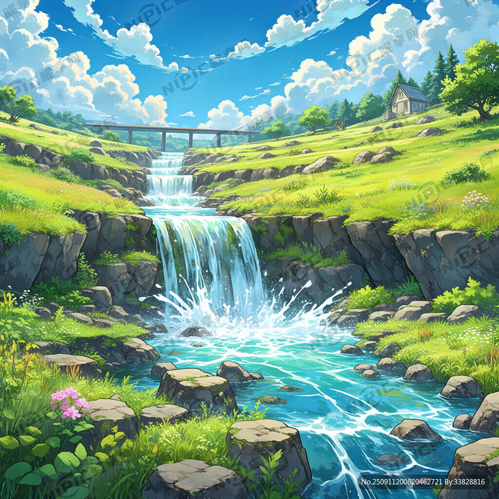 瀑布河流 平原草地 自然风光