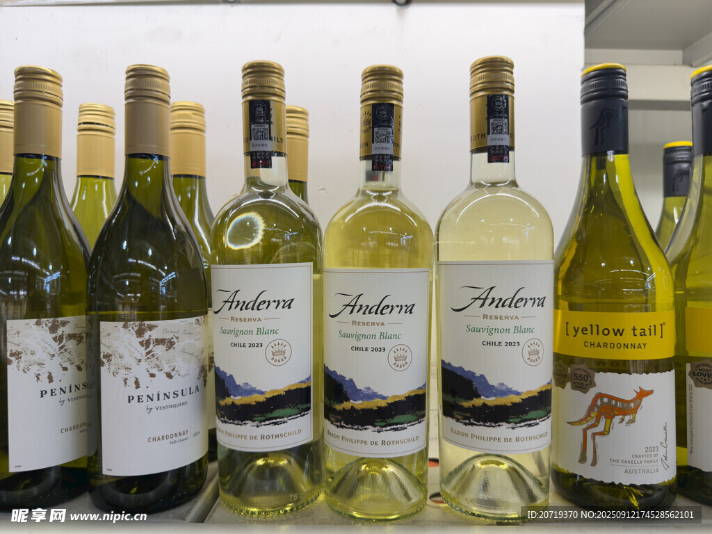 多样葡萄酒整齐陈列展示