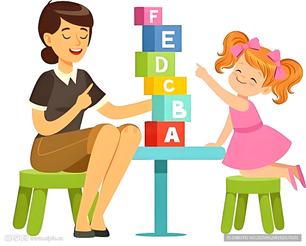 老师与女孩玩字母积木游戏