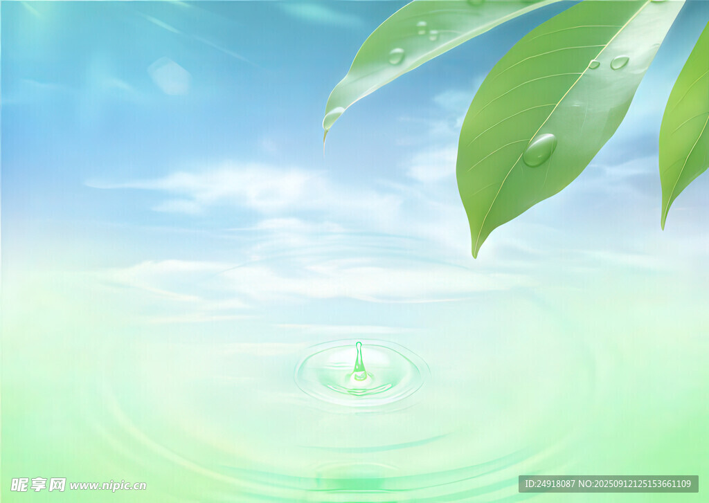 水滴落湖面绿叶伴蓝天