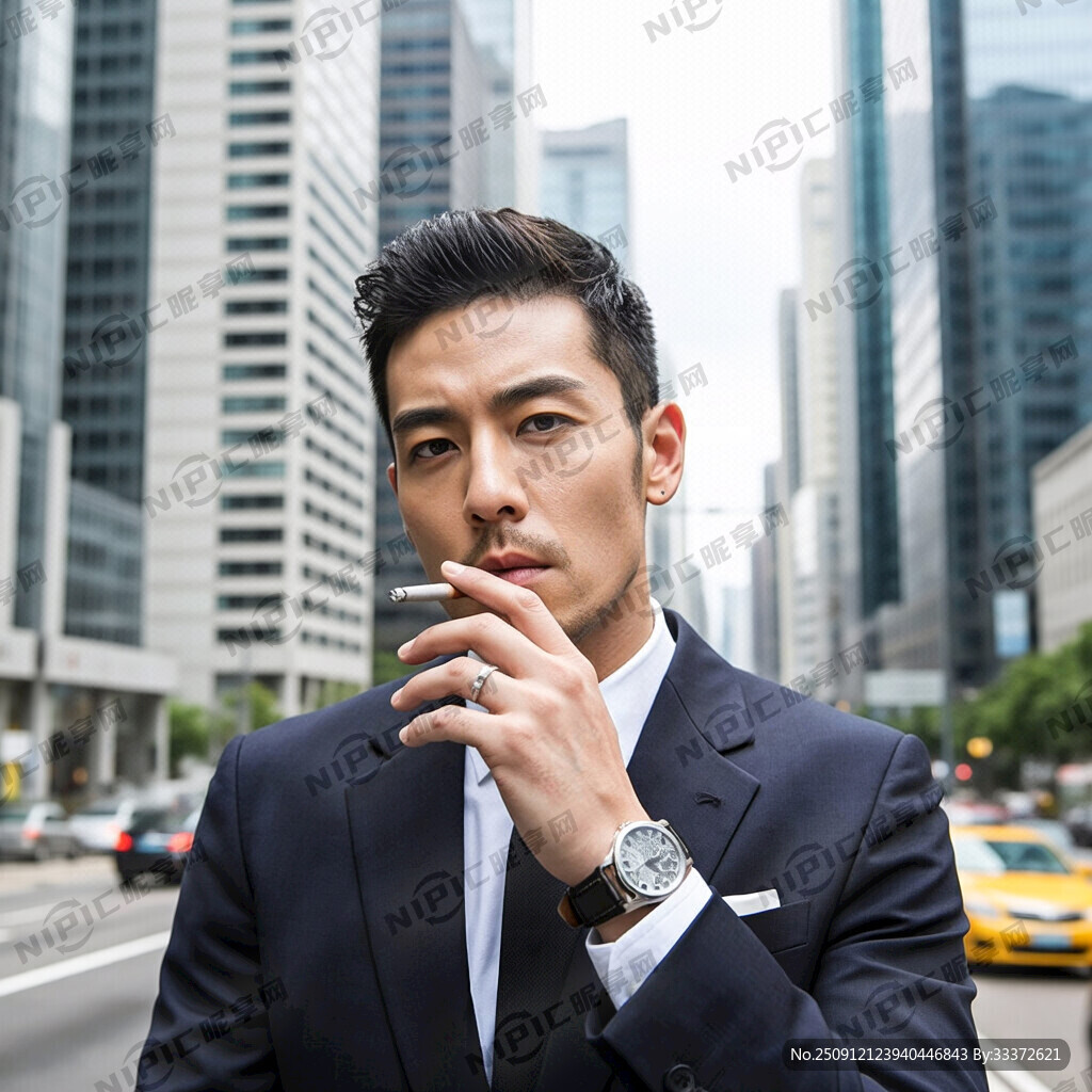 型男穿西装 戴手表 昂首吸烟