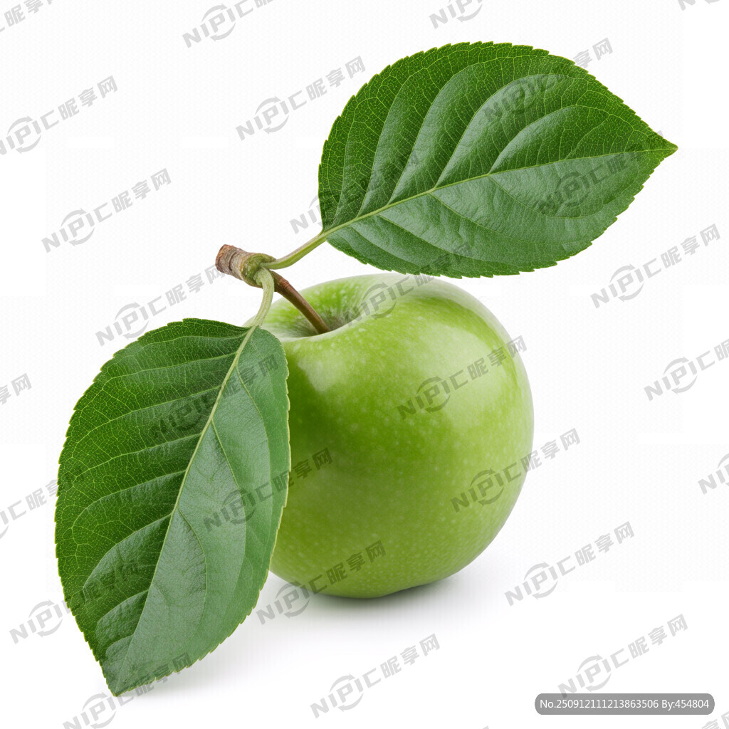 青苹果 两片叶子 白色背景