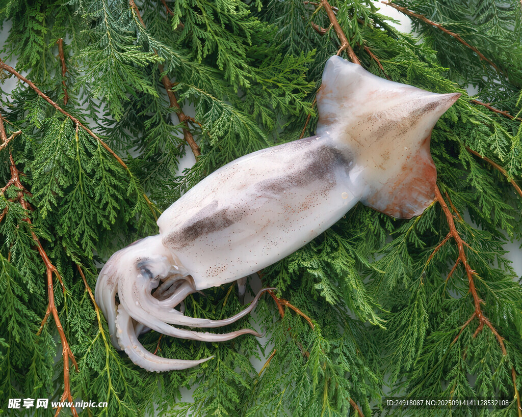 翠绿枝叶上的鱿鱼标本