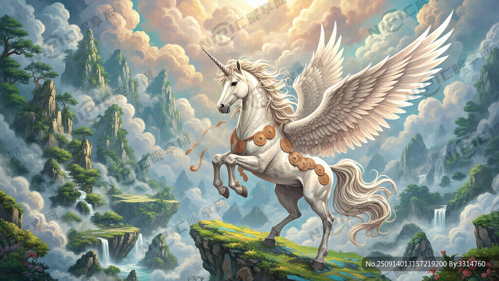 带翅膀的独角兽 祥云 浅色调