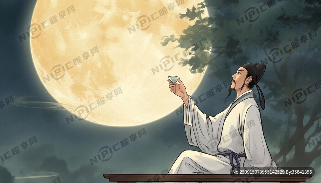 李白举杯邀月、古风插画、月下独