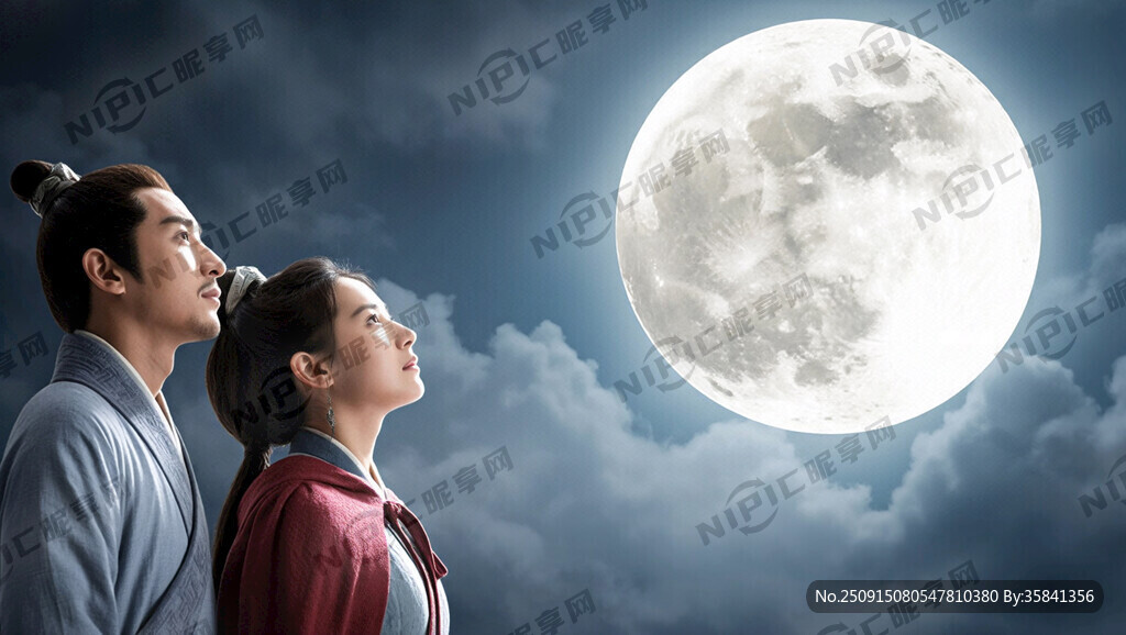 现代人与古人同框望月、时空交错