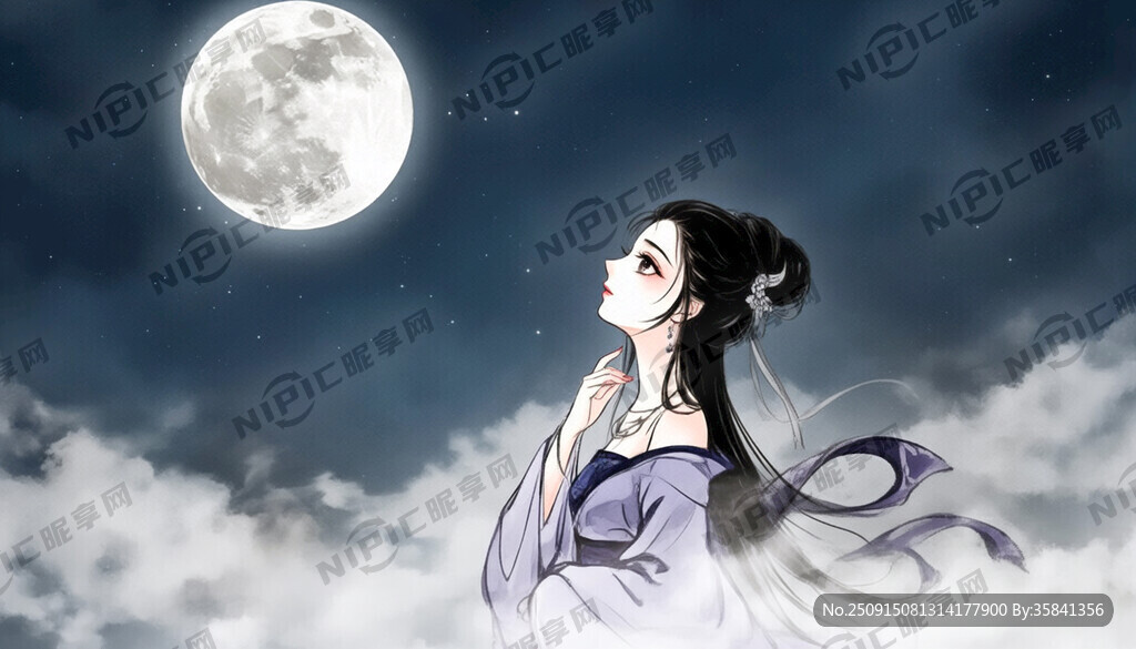 水墨风格明月夜 古代天空