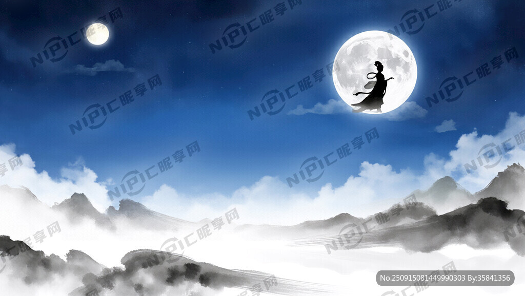 水墨风格明月夜 古代天空 留白