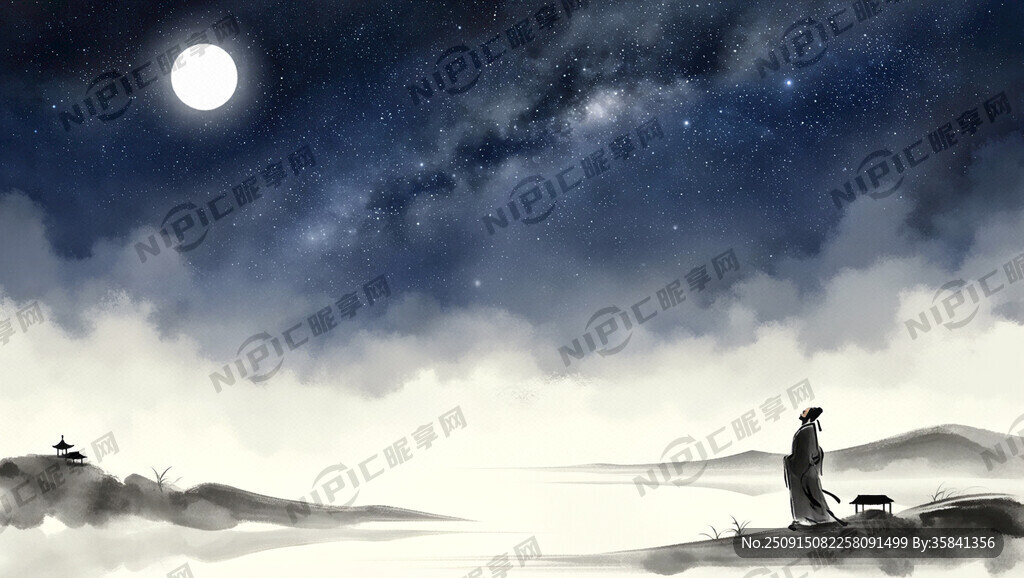 古人仰望明月 水墨 留白 星空