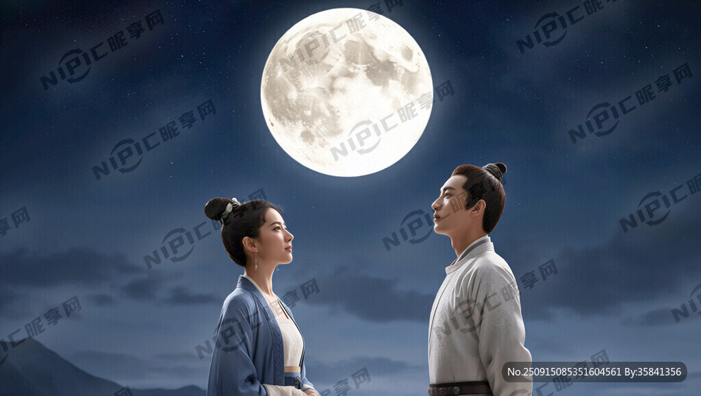 当代人穿现代服饰与古人同望一轮