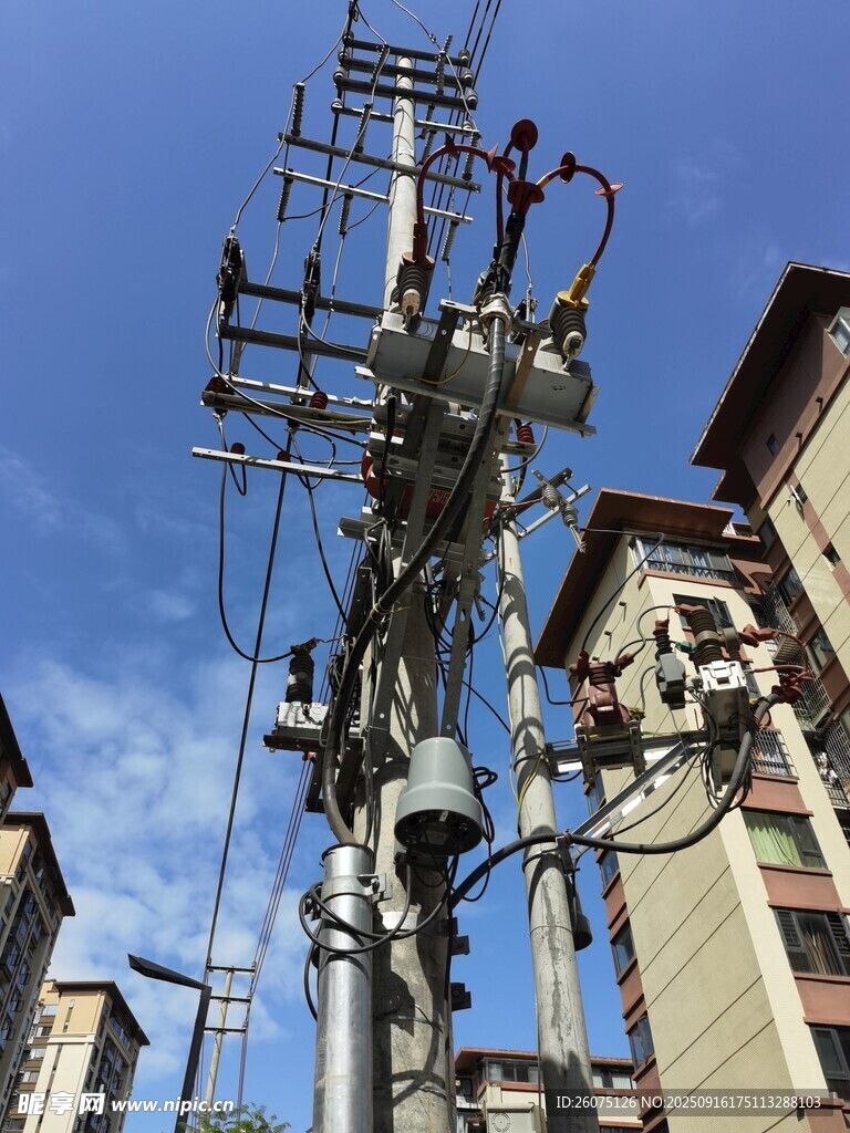 城市中的电线杆及周边建筑