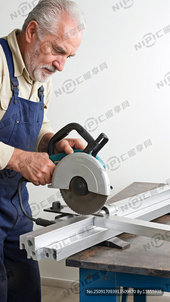 一个老外男人拿着切割机切割铝材