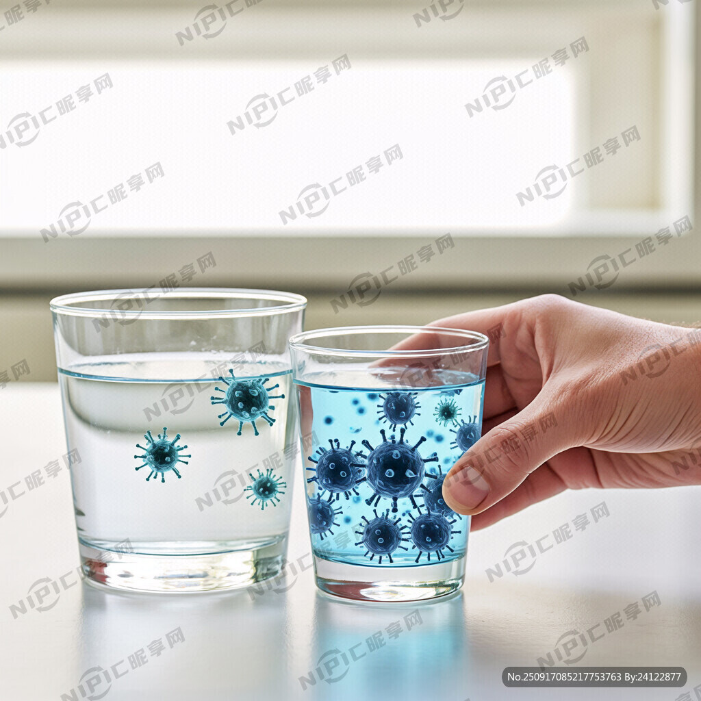 手拿一杯水 表面有细菌图