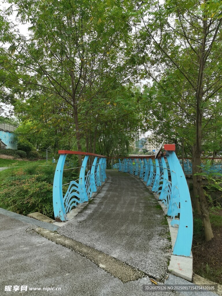 蓝色拱形桥与周边绿意