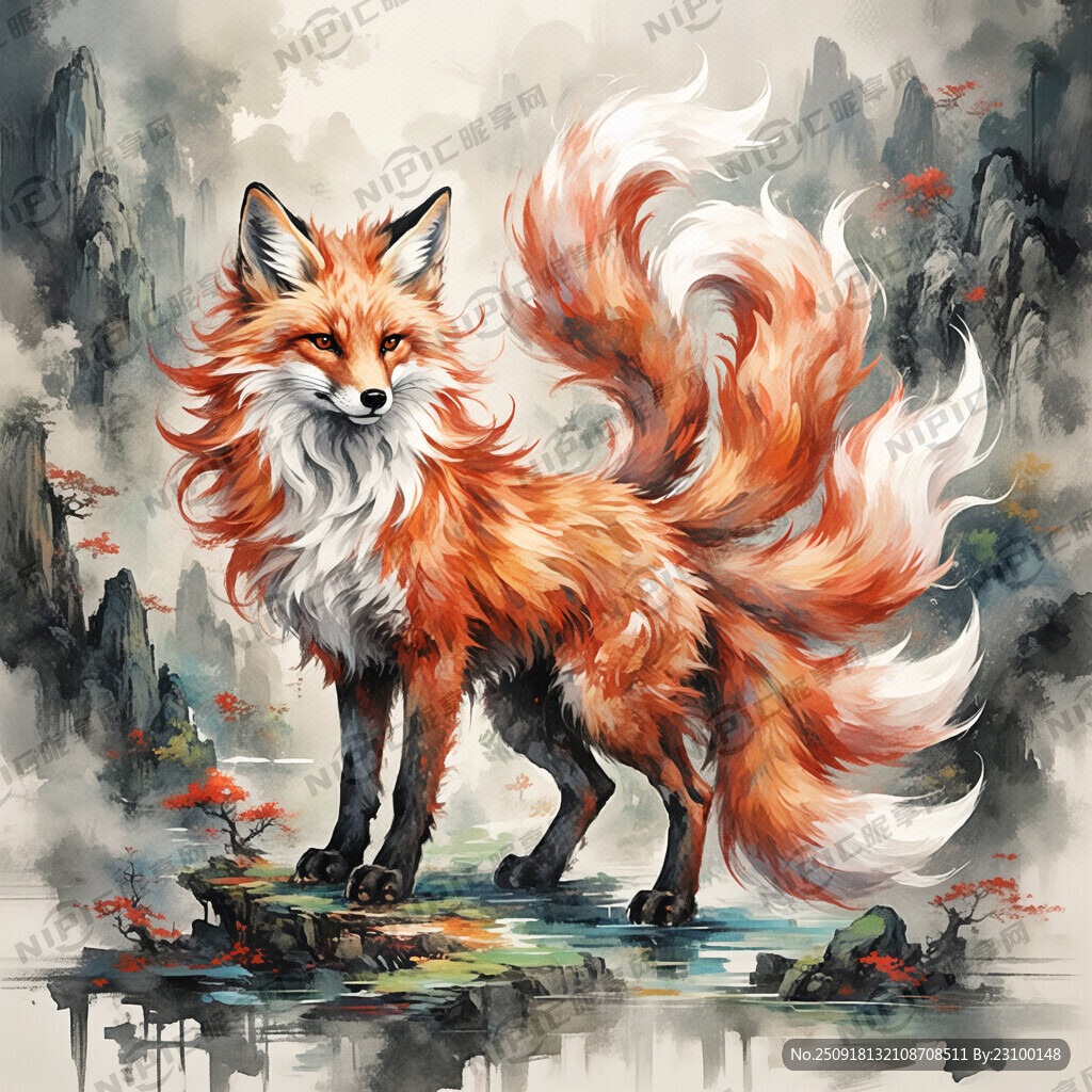 中式怪兽九尾狐背景是仿古宣纸玄