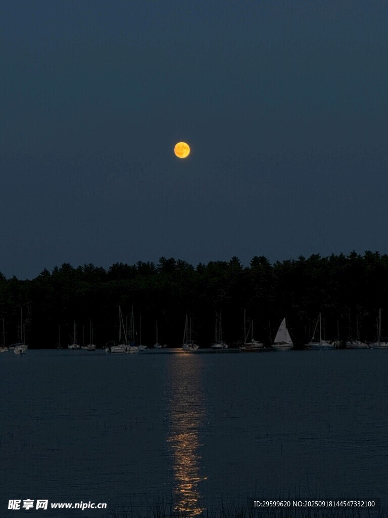 月夜湖景中的点点帆船