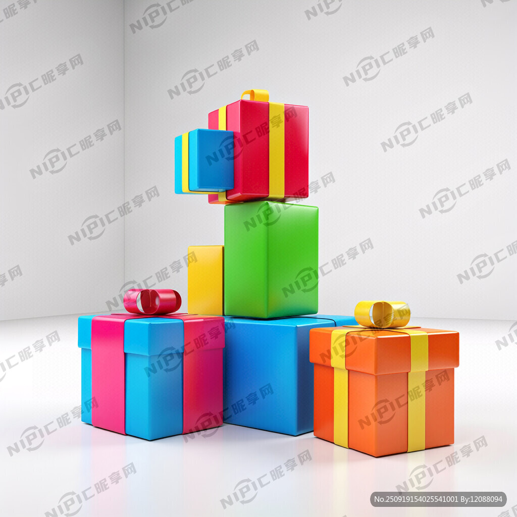 彩色盒子。3D风格、立体渲染、