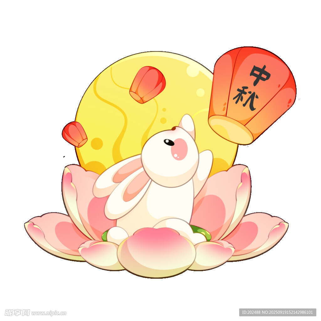 中国风中秋节放孔明灯的兔子