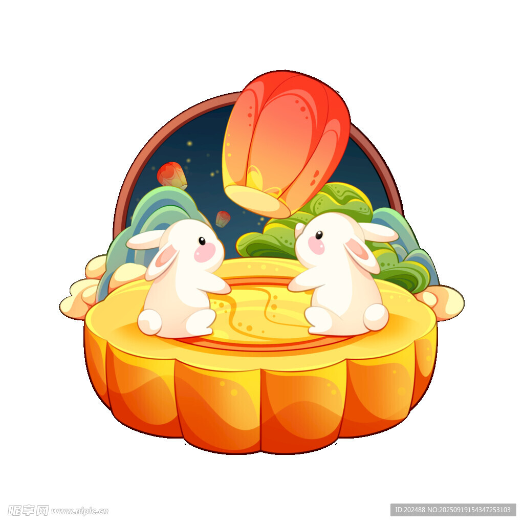 中秋佳节中国风放孔明灯的兔子