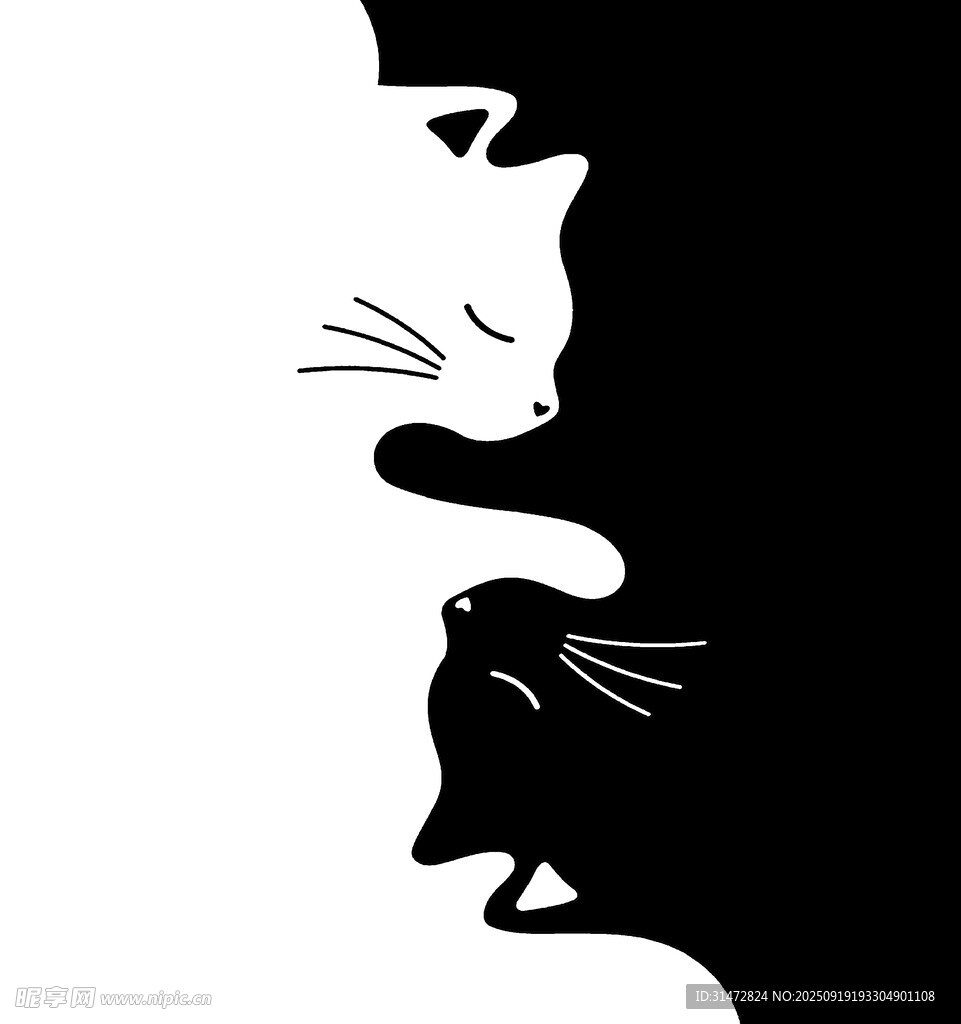 黑白猫咪剪影温馨对视