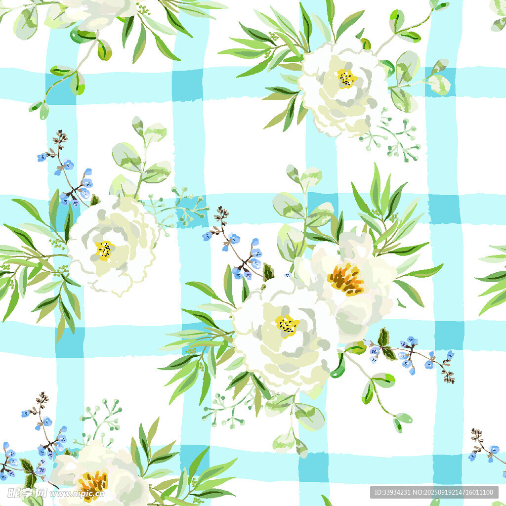 蓝白格底花卉图案设计