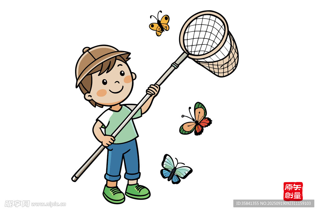 男孩持网捕蝶欢乐瞬间