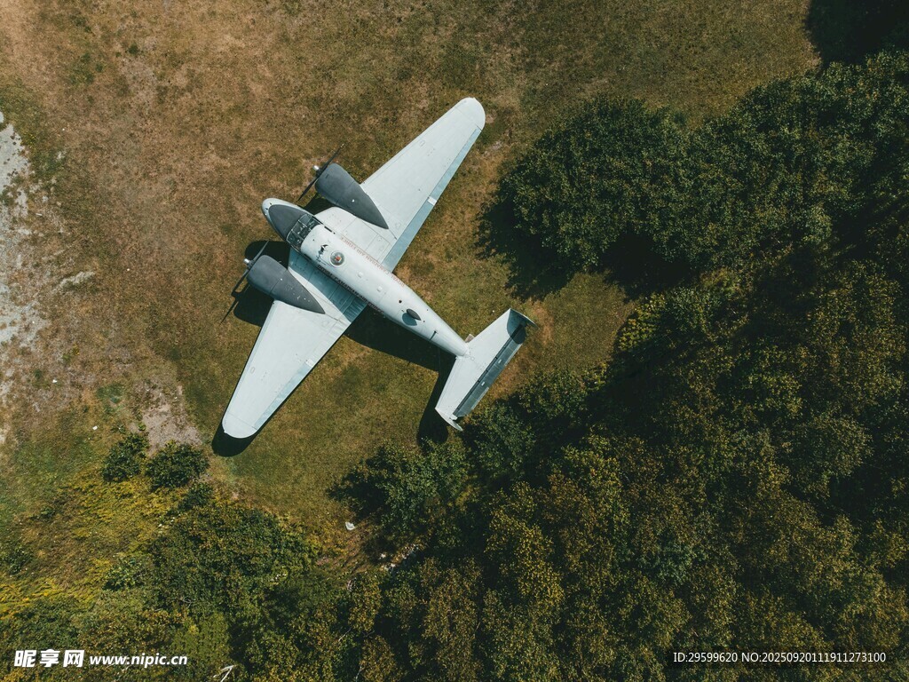 空中俯视老式飞机在林间
