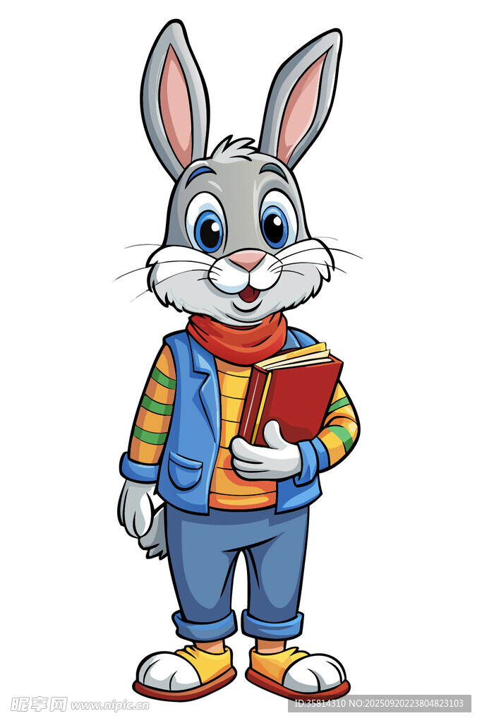 穿彩衣持书的可爱兔子