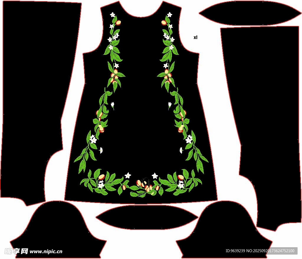 黑色裙装绿植花纹设计图