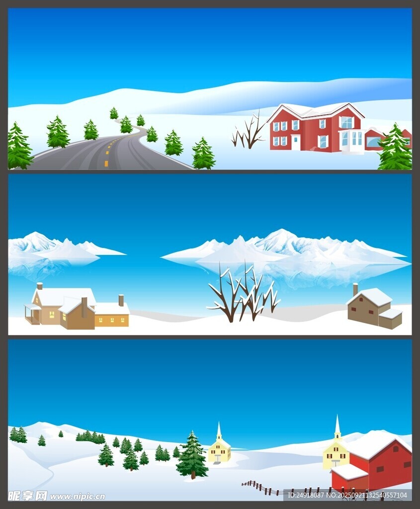 冬日雪景乡村风光插画