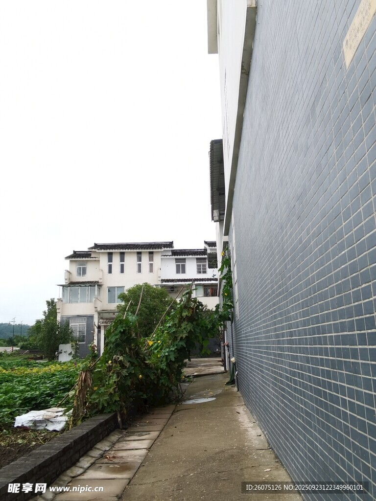 墙边小道与远处建筑