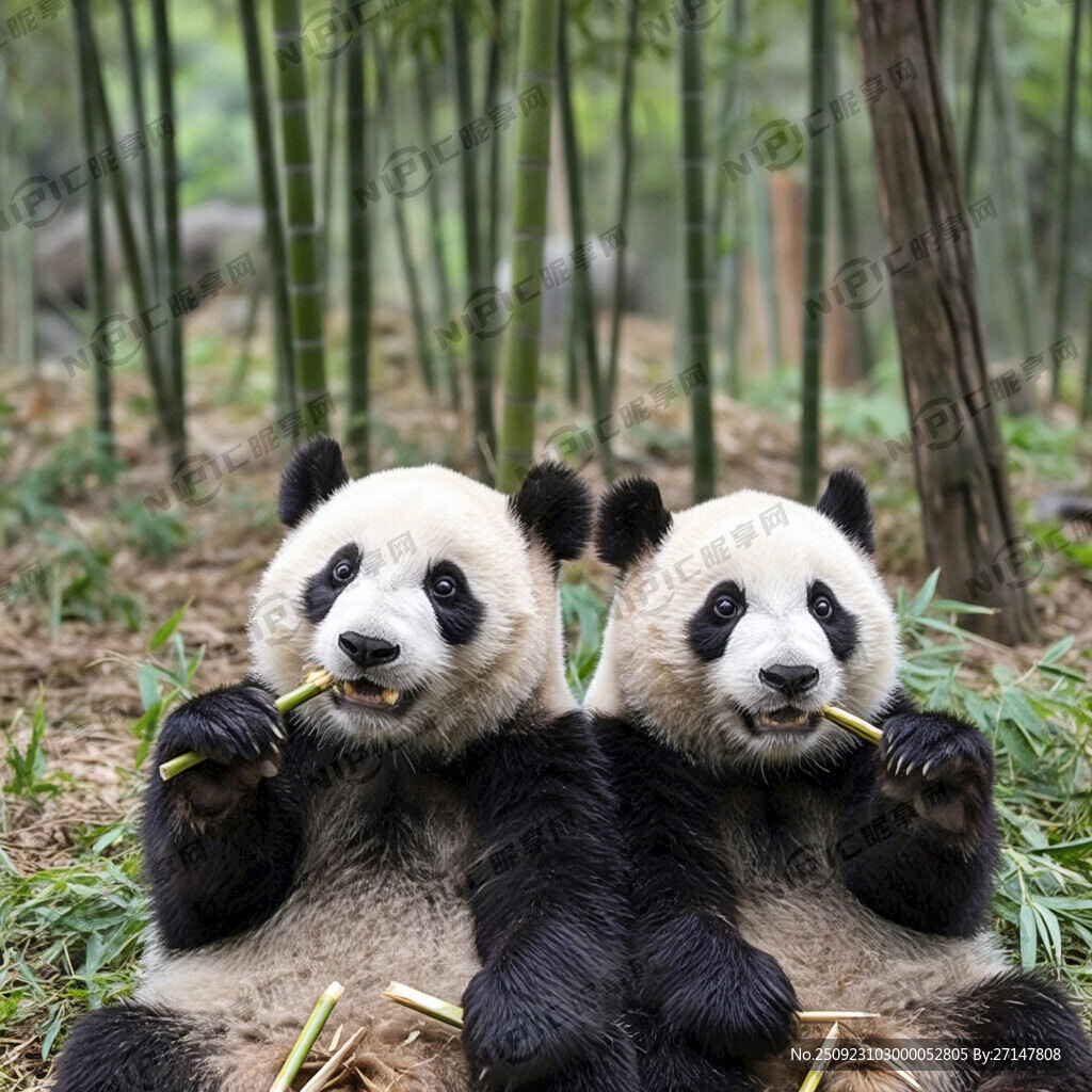 两个熊猫在吃竹子